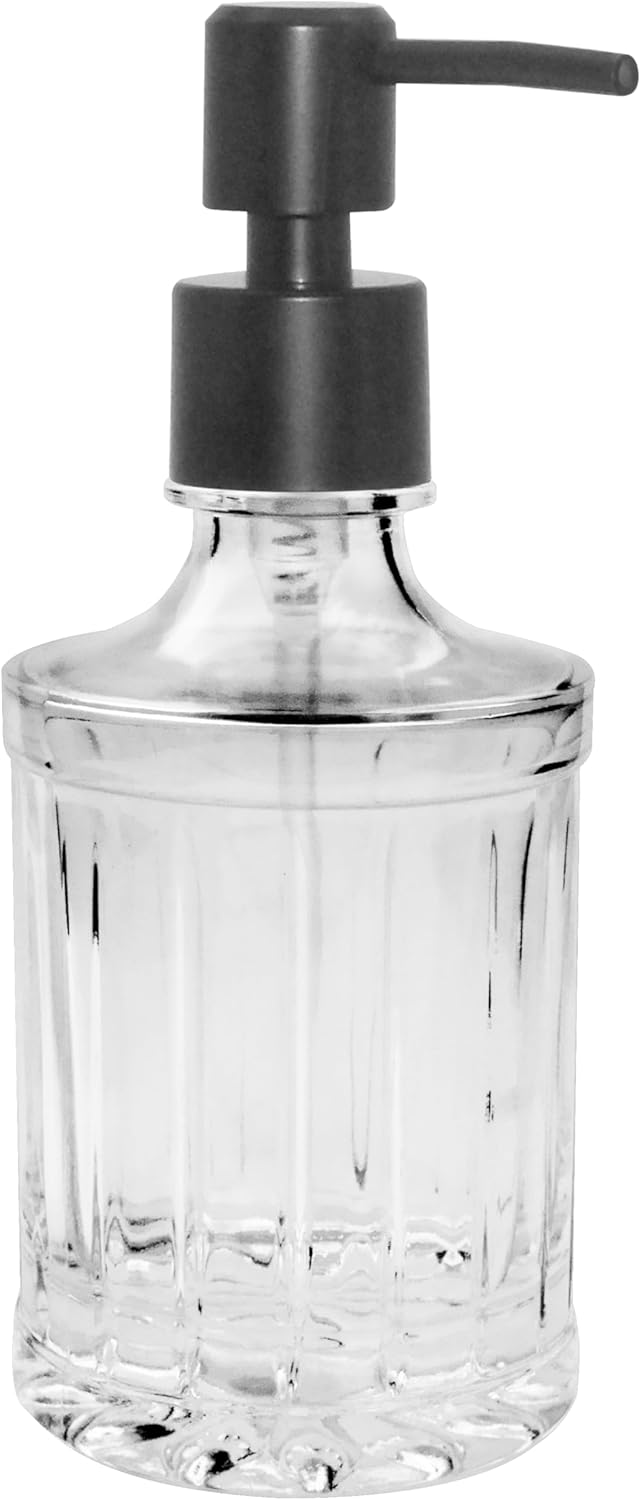 OGGI 10oz Faceted Glass Soap Dispenser with Matte Black Pump – Elegant Refillable Oggi Soap Dispenser for Bathroom, Kitchen Sink or Hand Sanitizer – Rust-Resistant Dispenser Pump